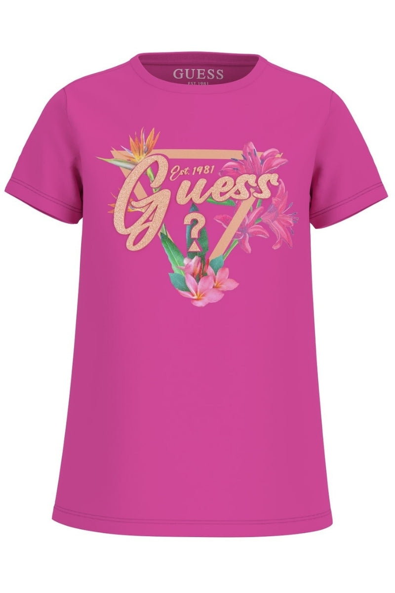 T-shirt girocollo da bambina e ragazza con stampa con glitter, triangolo e maxi logo floreale sul davanti J5GI16K6YW4