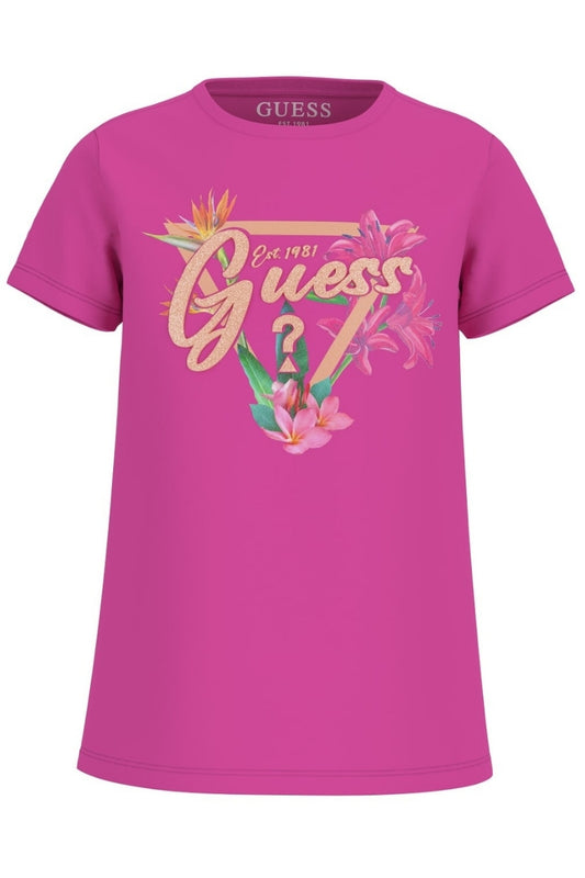 T-shirt girocollo da bambina e ragazza con stampa con glitter, triangolo e maxi logo floreale sul davanti J5GI16K6YW4