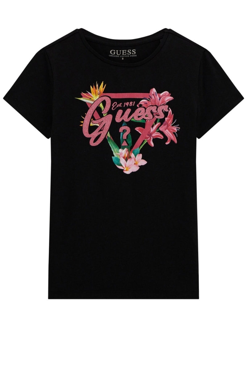 T-shirt girocollo da bambina e ragazza con stampa con glitter, triangolo e maxi logo floreale sul davanti J5GI16K6YW4
