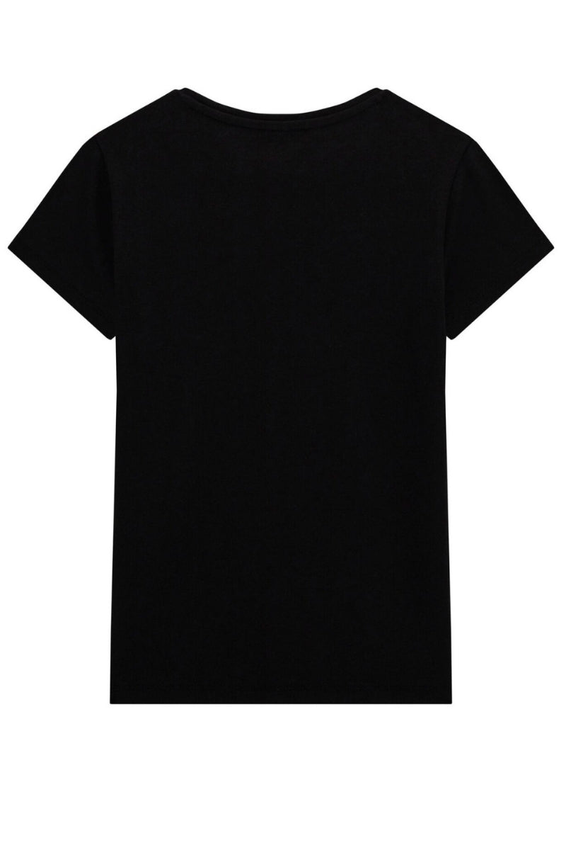 T-shirt girocollo da bambina e ragazza con stampa con glitter, triangolo e maxi logo floreale sul davanti J5GI16K6YW4