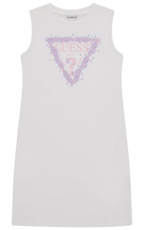 Abito smanicato da bambina e ragazza in cotone con stampa con triangolo logato floreale sul davanti J4RK38KA6W4