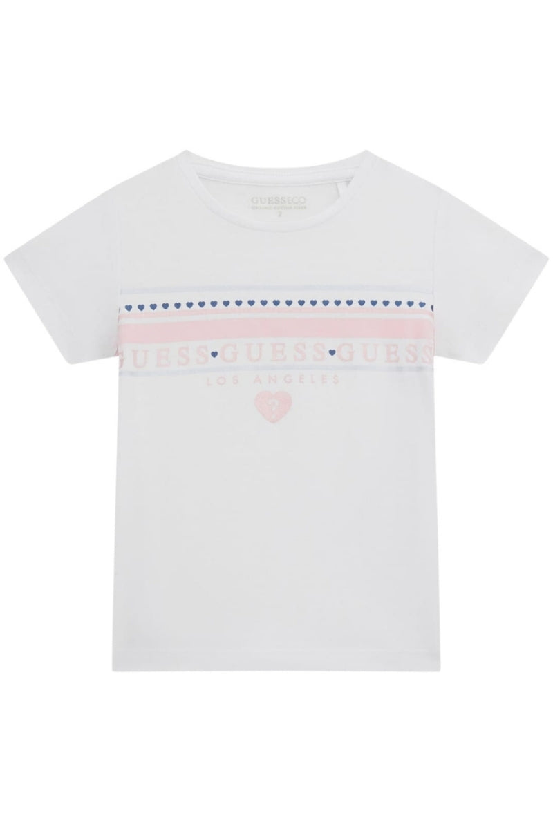 T-shirt girocollo da bambina con multi logo lettering e stampa con cuoricini sul davanti K5GI00K6YW4