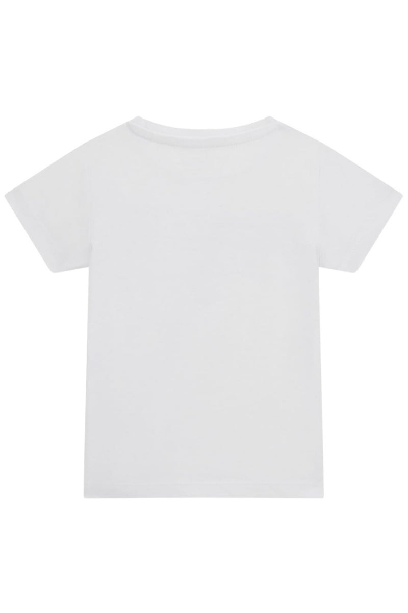 T-shirt girocollo da bambina con multi logo lettering e stampa con cuoricini sul davanti K5GI00K6YW4