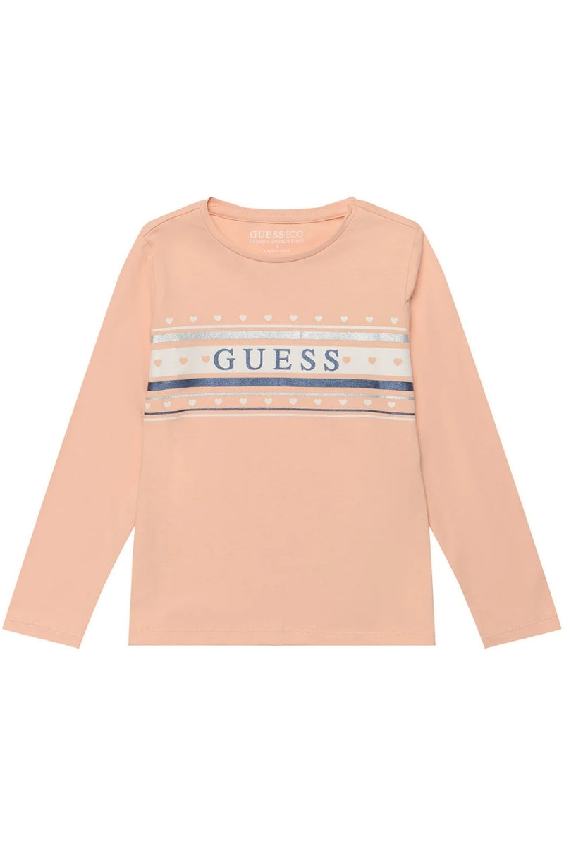 Maglia girocollo da bambina con maxi logo lettering sul davanti e stampa con cuoricini K5RI04K6YW4