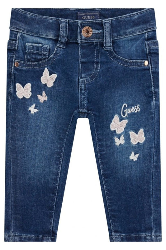 Jeans da neonata e bambina a cinque tasche con ricami farfalle sul davanti K5RA06D4CAO
