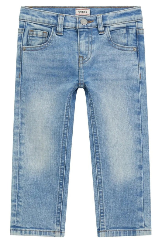 Jeans da neonato e bambino in cotone elasticizzato modello slim a cinque tasche con triangolo logato sul retro N5RA07D52Z0