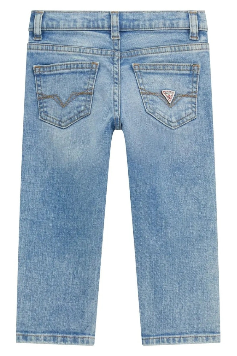 Jeans da neonato e bambino in cotone elasticizzato modello slim a cinque tasche con triangolo logato sul retro N5RA07D52Z0