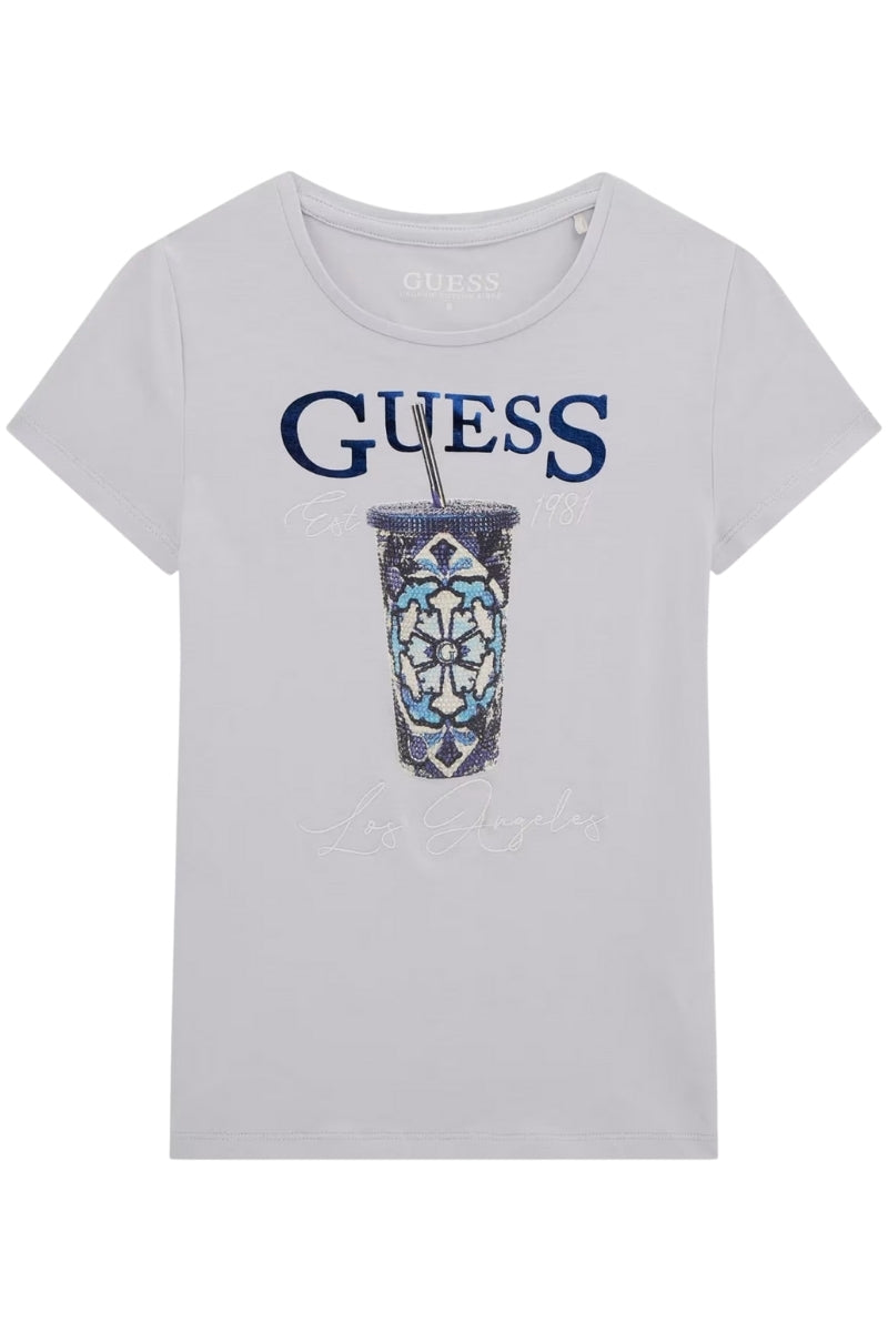 T-shirt girocollo da bambina e ragazza con stampa logo a contrasto a fantasia con micro strass J5GI08K6YW4