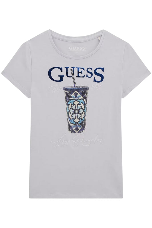T-shirt girocollo da bambina e ragazza con stampa logo a contrasto a fantasia con micro strass J5GI08K6YW4