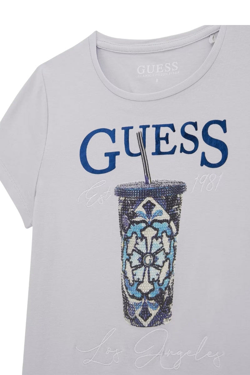 T-shirt girocollo da bambina e ragazza con stampa logo a contrasto a fantasia con micro strass J5GI08K6YW4