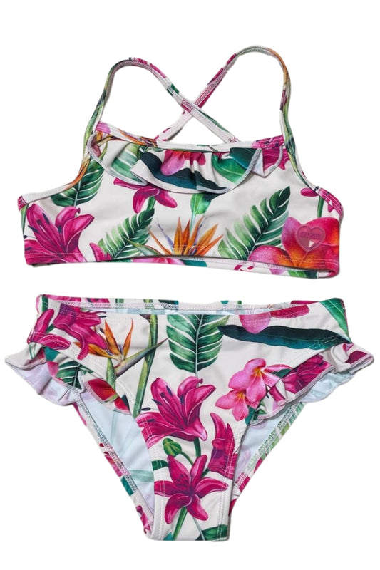 Costume da bagno da bambina bikini con stampa a fantasia floreale e rouches J5GZ49MC052