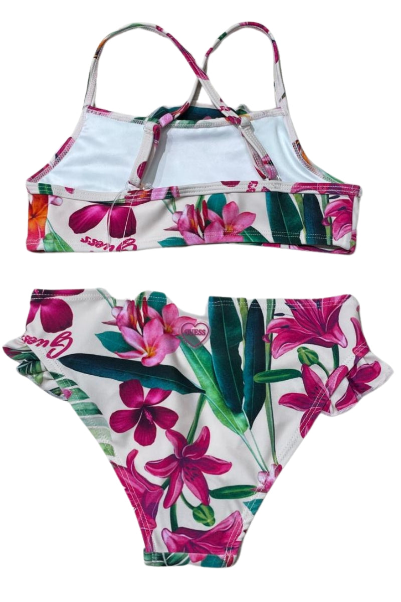 Costume da bagno da bambina bikini con stampa a fantasia floreale e rouches J5GZ49MC052