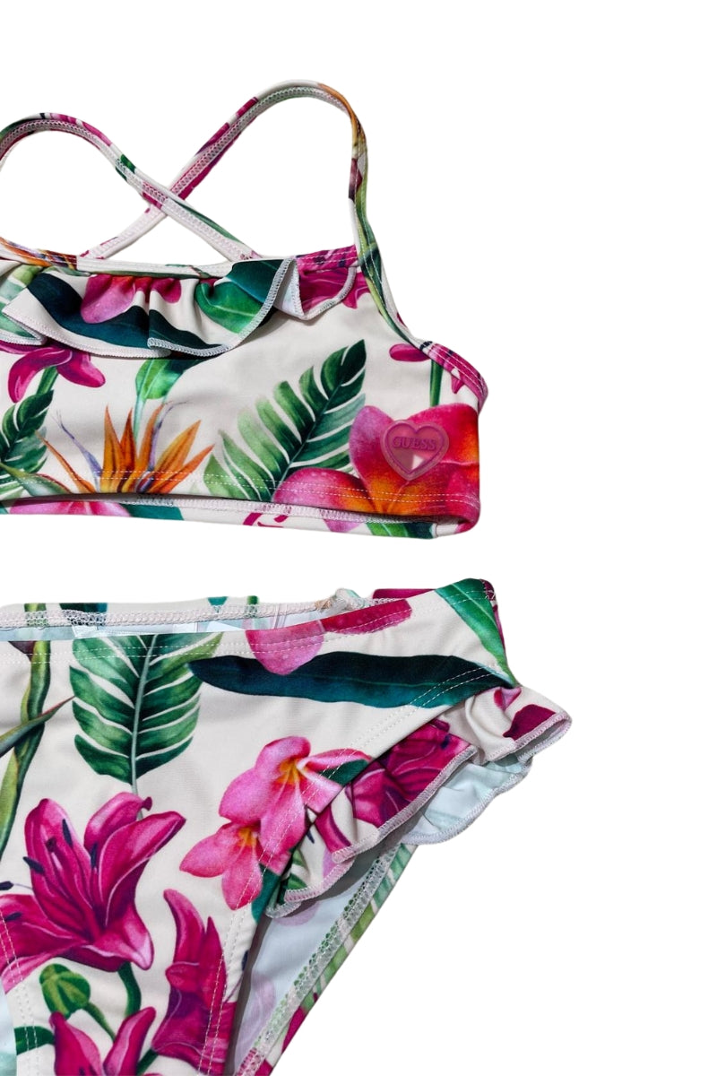 Costume da bagno da bambina bikini con stampa a fantasia floreale e rouches J5GZ49MC052