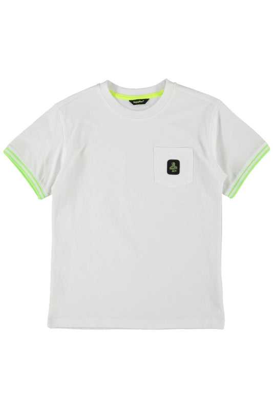 T-shirt girocollo da ragazzo con rifiniture fluo a contrasto sulla manica 107TRMJS25