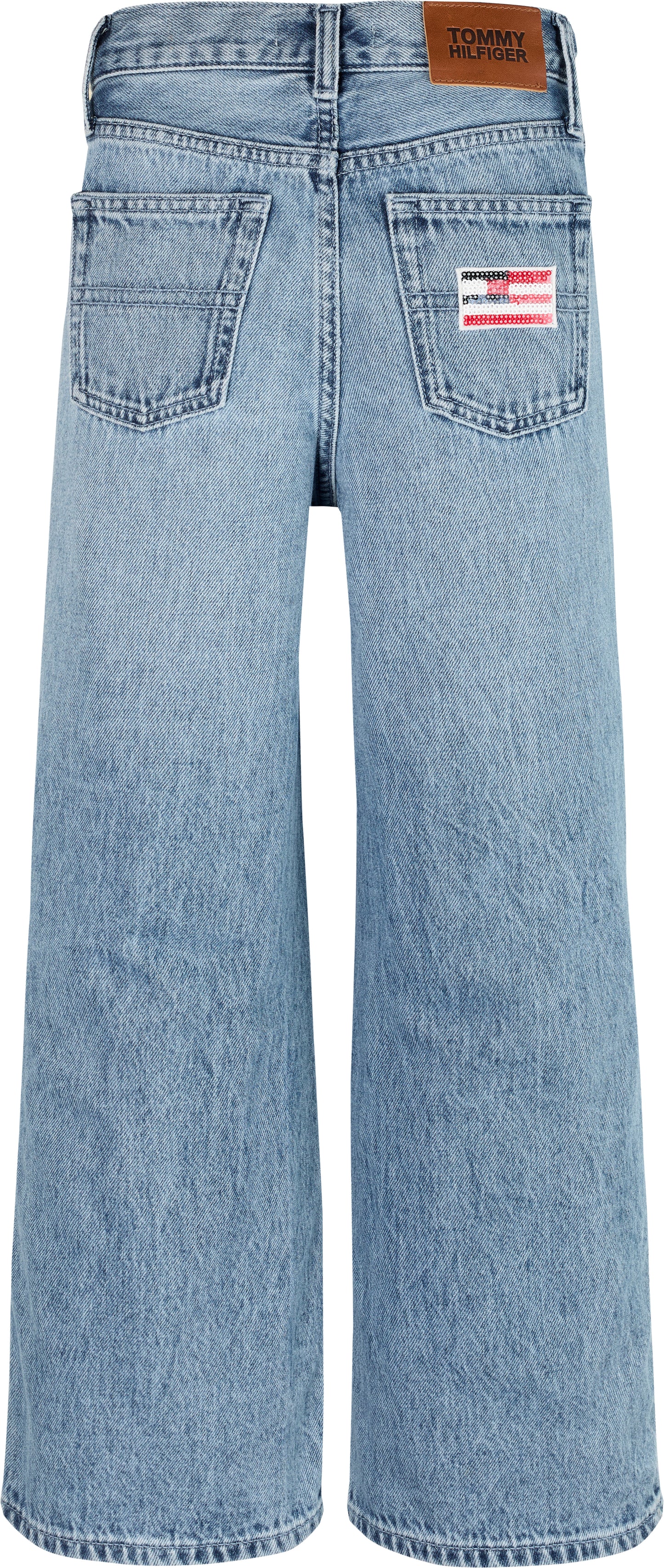 Jeans da ragazza in denim rigido con taglio ampio e dettaglio con bandiera in paillettes KG0KG08409