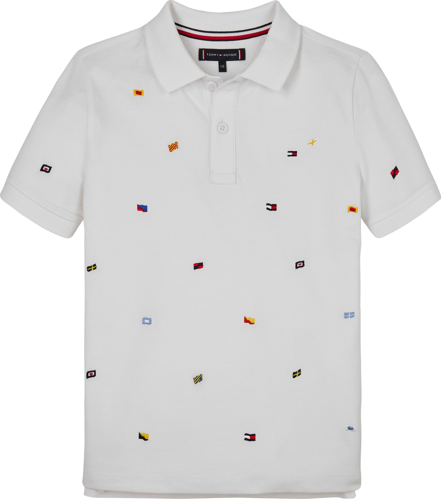 Polo da bambino in piqué di puro cotone con bandierine ricamate all over KB0KB09529