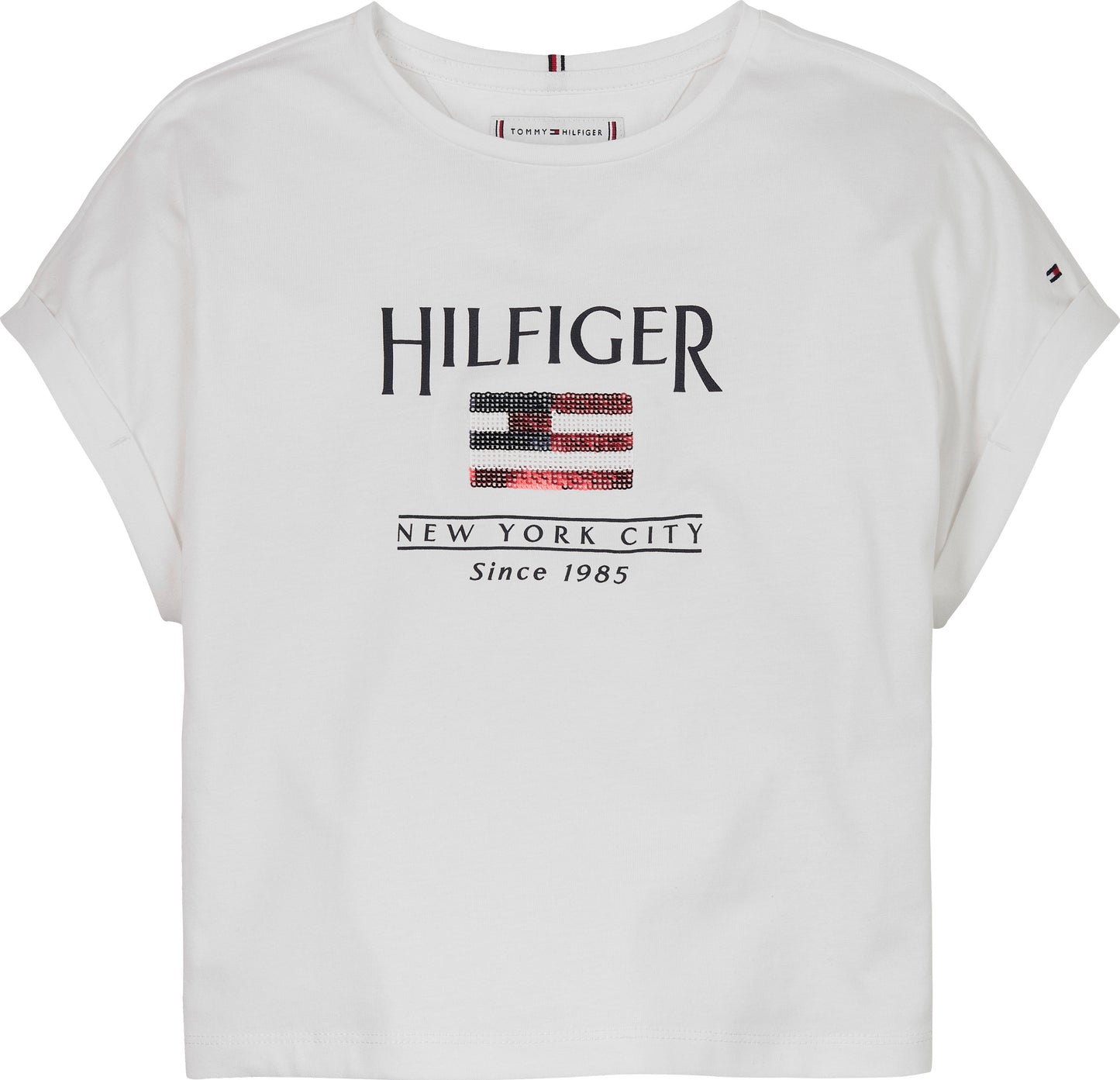 T-shirt relaxed fit da bambina e ragazza con bandiera con logo in paillettes sul davanti KG0KG08525