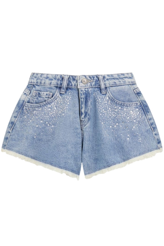 Shorts da ragazza con orlo sfrangiato e strass all over sul davanti J5GD42D45E0