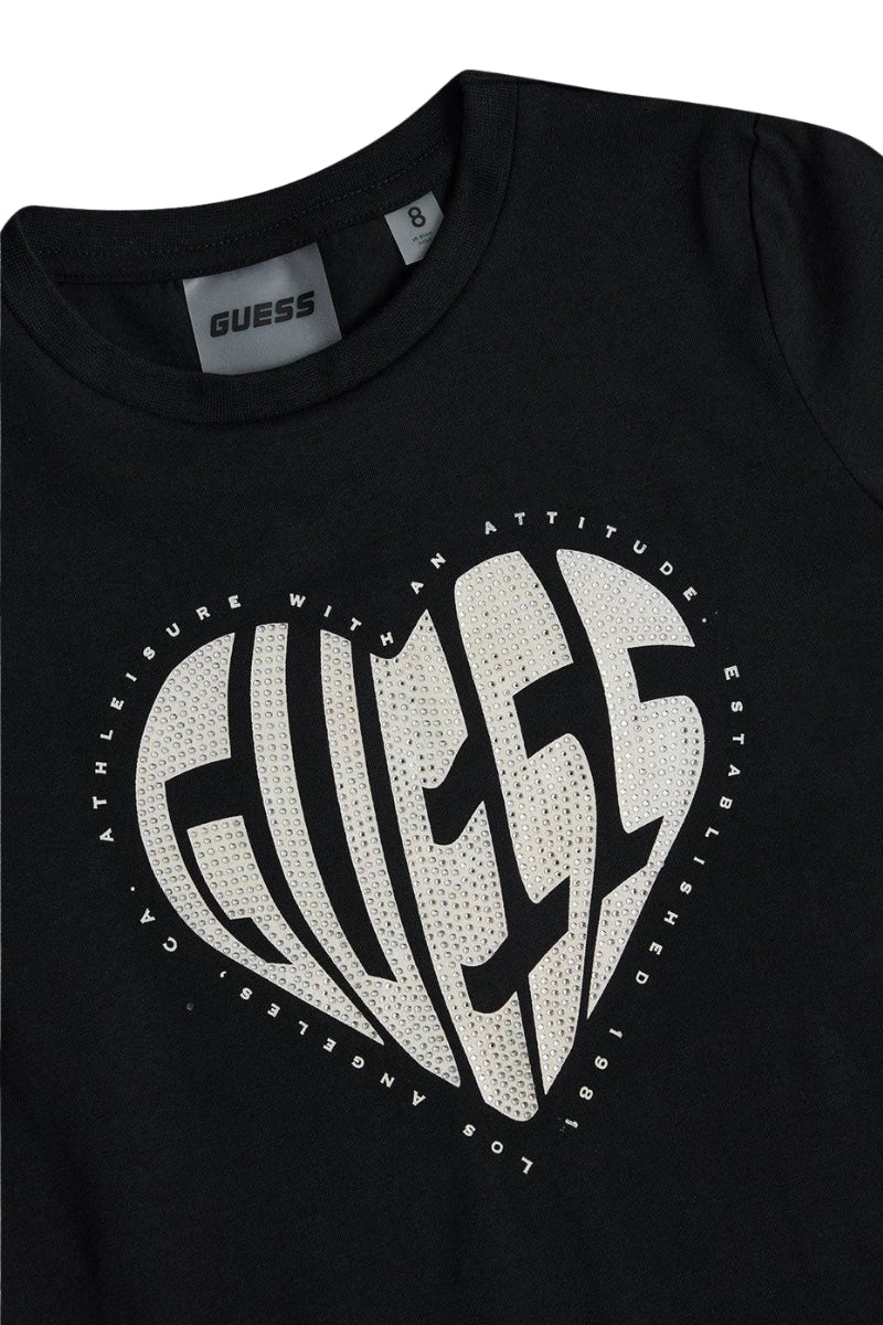 T-shirt da ragazza in jersey di cotone con logo lettering a forma di cuore con strass J5RI46J1314