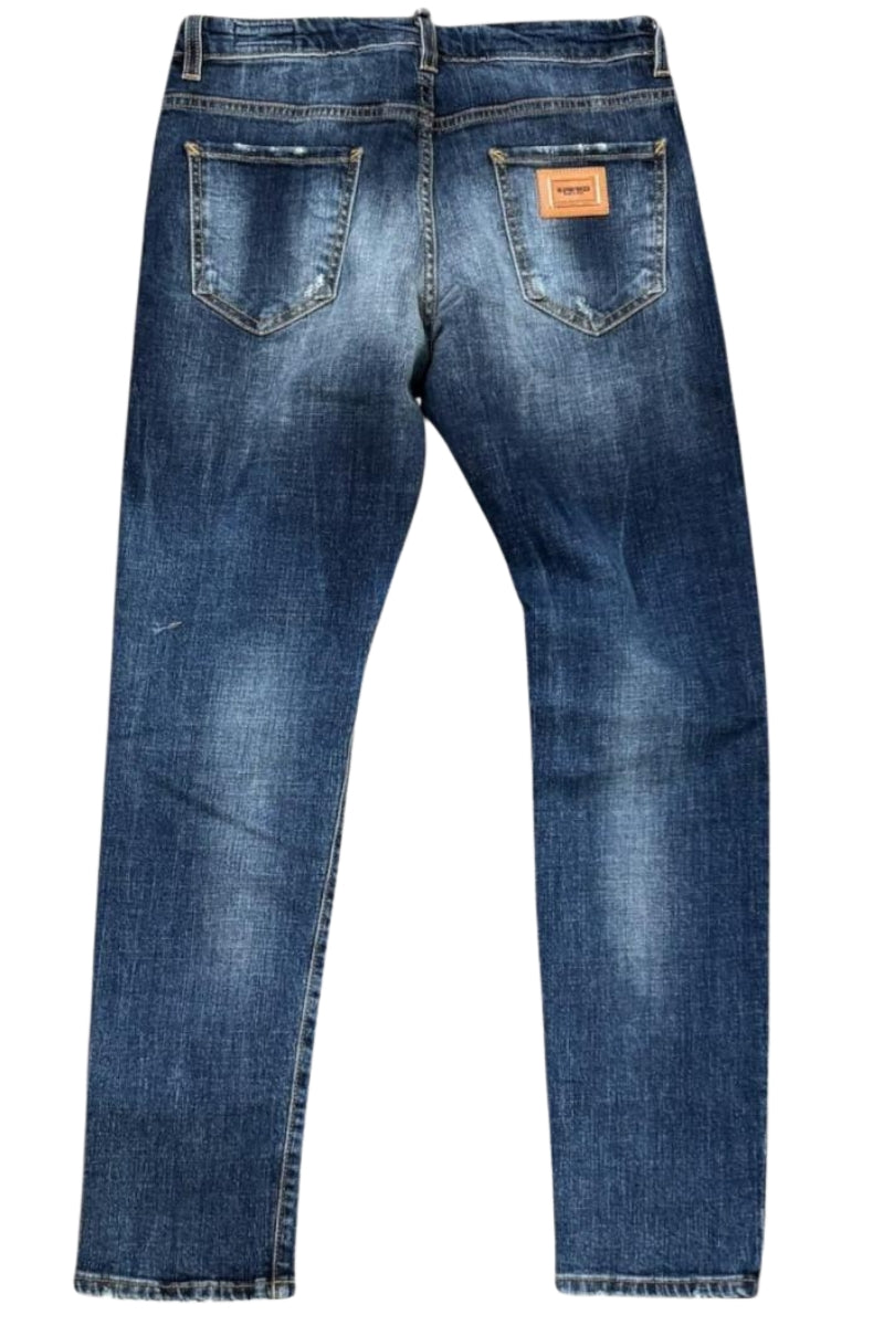 Jeans da ragazzo FRENC in denim scuro con strappi e striature fronte e retro