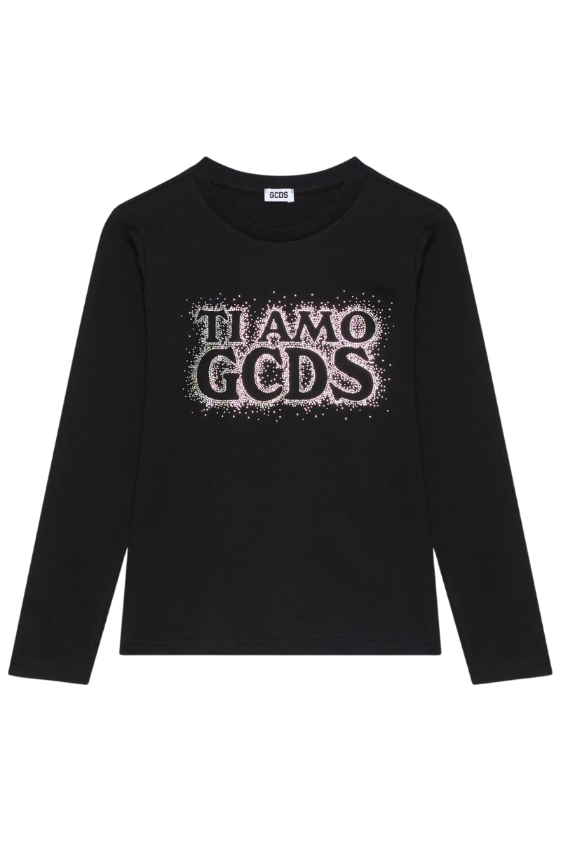 Maglia girocollo da ragazza in cotone con logo strass B2JW2220BA3