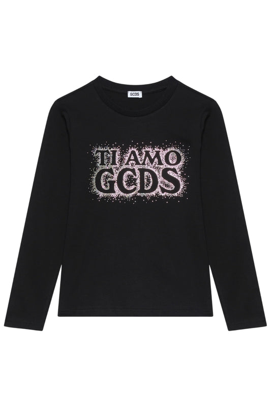 Maglia girocollo da ragazza in cotone con logo strass B2JW2220BA3