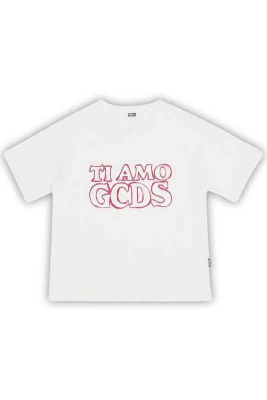 T-shirt girocollo da bambina con logo lettering glitterato B2KW2335BA3