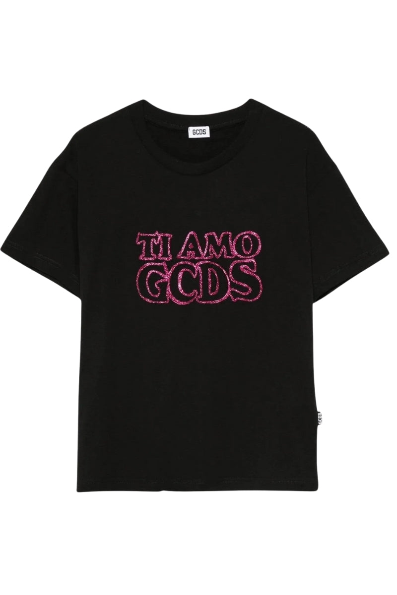 T-shirt girocollo da ragazza con logo lettering glitterato B2JW2335BA3