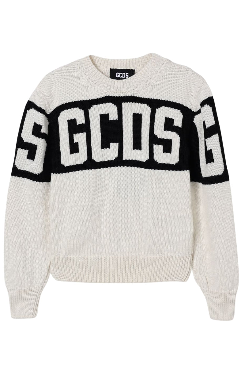 Maglione girocollo da bambino con logo in jacquard a contrasto B2KU1526BA7