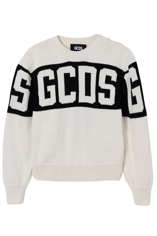 Maglione girocollo da bambino con logo in jacquard a contrasto B2KU1526BA7