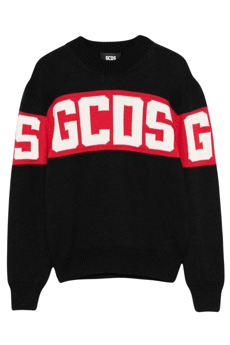 Maglione girocollo da bambino con logo in jacquard a contrasto B2KU1526BA7
