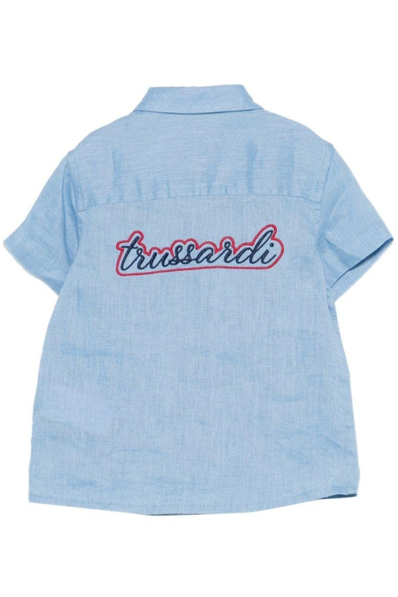 Camicia da neonato e bambino in lino con logo handwriting ricamato sul retro a contrasto TIP26104CA