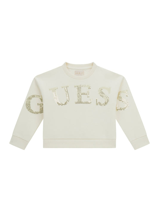 Felpa girocollo da bambina con maxi logo lettering con paillettes K5YQ09KAV34