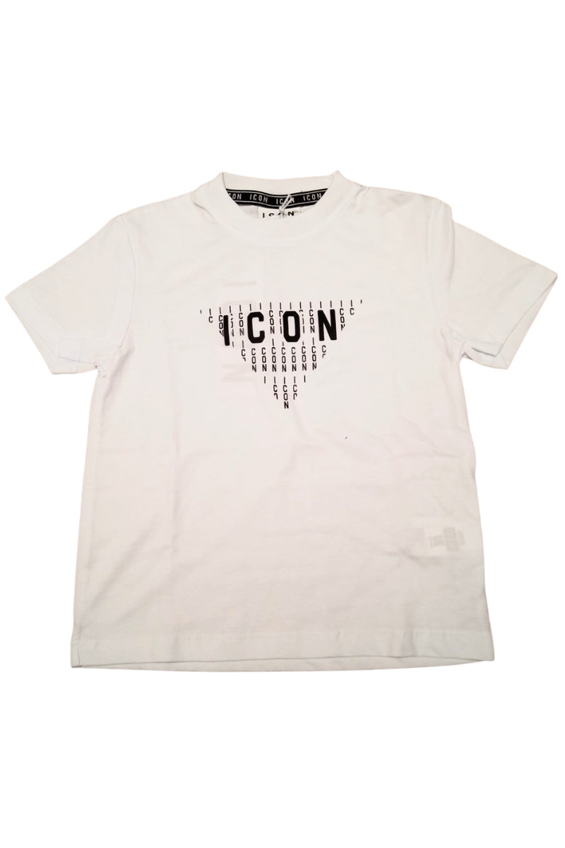 T-shirt da ragazzo con maxi triangolo stilizzato con multi logo lettering sul davanti IBKS001103