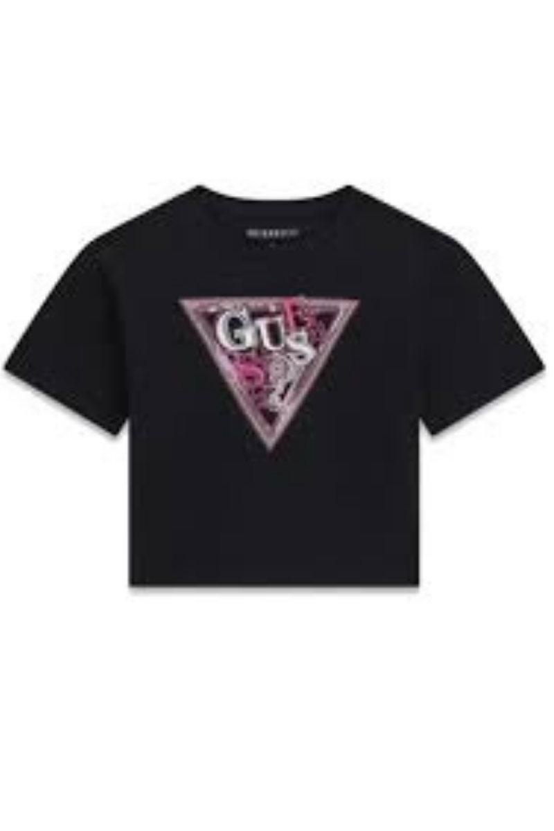 T-shirt da ragazza con maxi triangolo loggato ricamato con paillettes J6GI24K6YW4