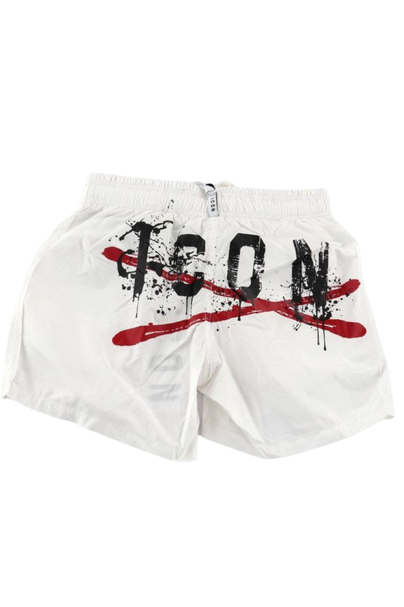 Costume da bagno da ragazzo modello boxer con stampa con maxi logo lettering e schizzi effetto spray sul retro IBCS001177