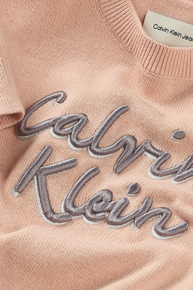 Maglione girocollo da ragazza in cotone con logo handwriting ricamato sul davanti IG0IG02971TGI