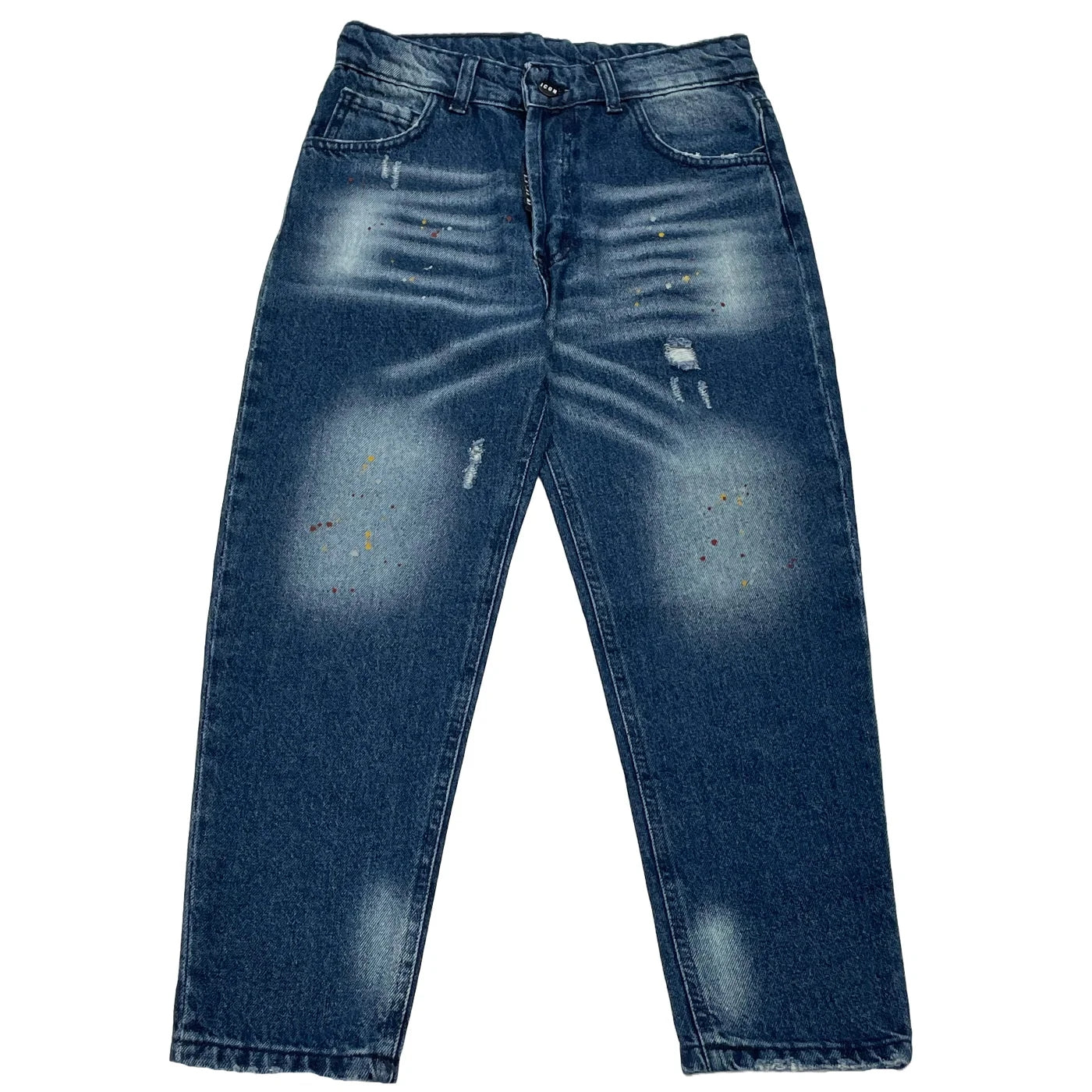 Jeans da ragazzo denim in cotone con strappi e spruzzi fronte retro