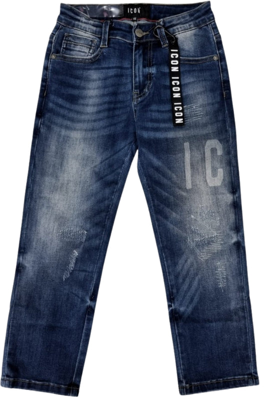 Jeans chiaro da ragazzo con logo lettering a fuoco sulla gamba IBDT00711
