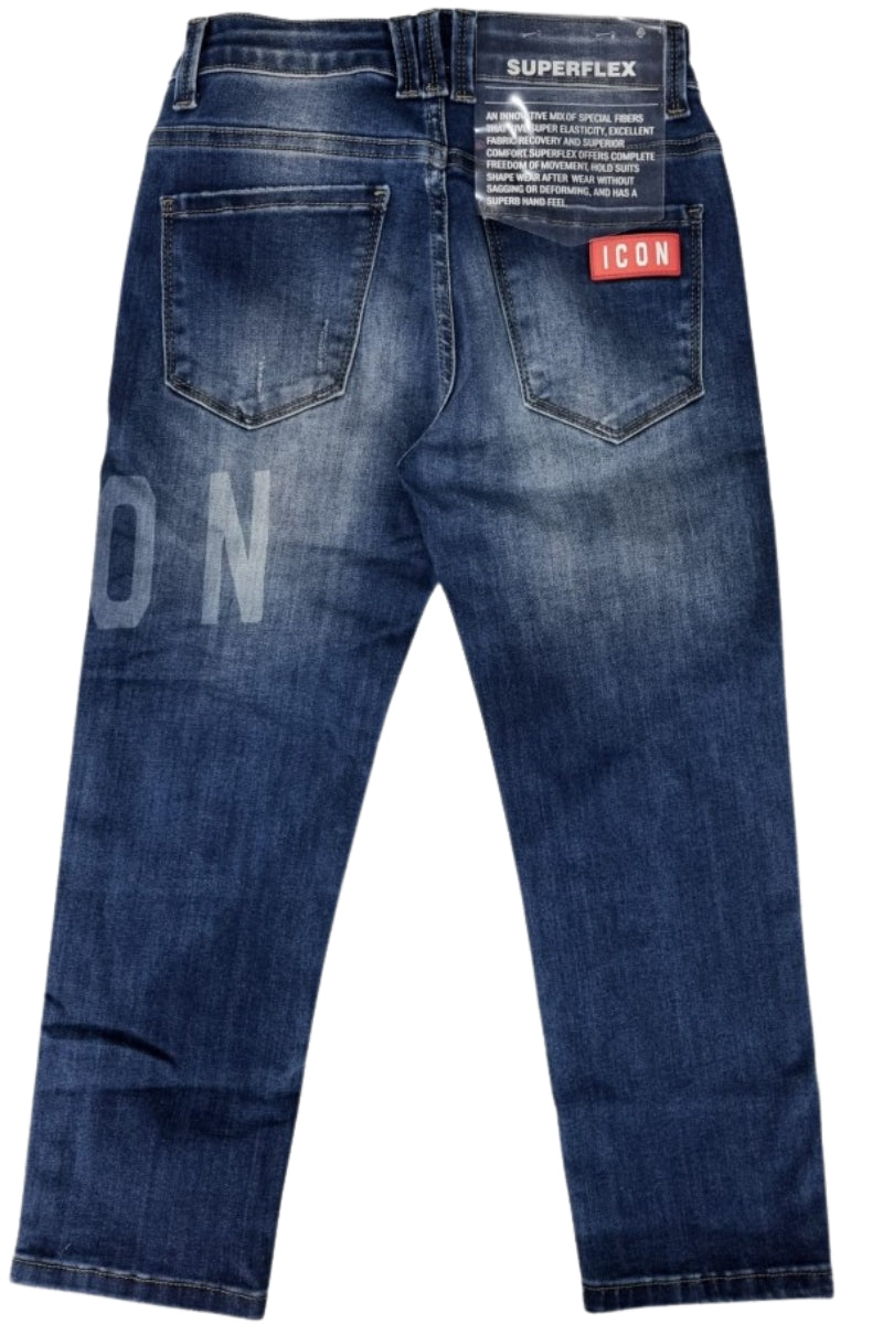 Jeans chiaro da ragazzo con logo lettering a fuoco sulla gamba IBDT00711