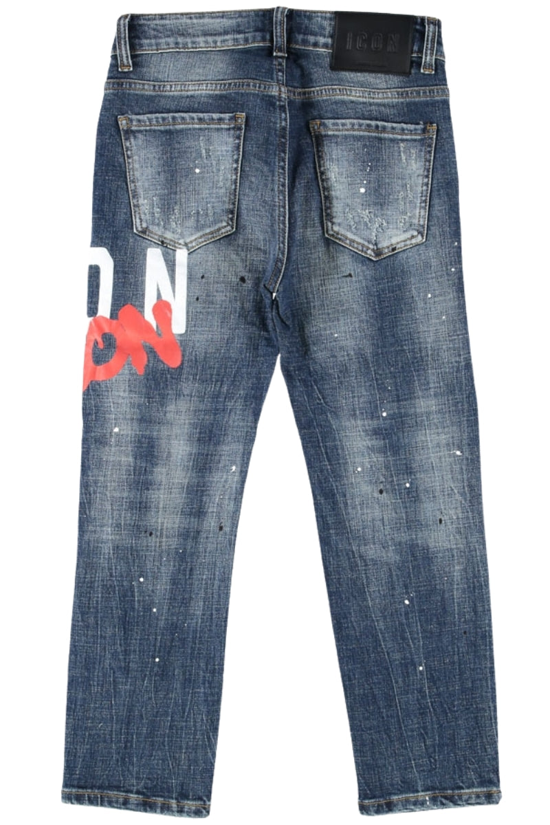 Jeans da ragazzo con doppio logo a contrasto sulla parte sinistra IBDT00712