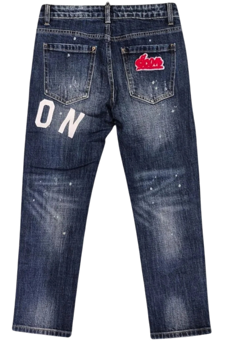 Jeans da ragazzo a cinque tasche con strappi e schizzi con logo lettering laterale IBDT00716