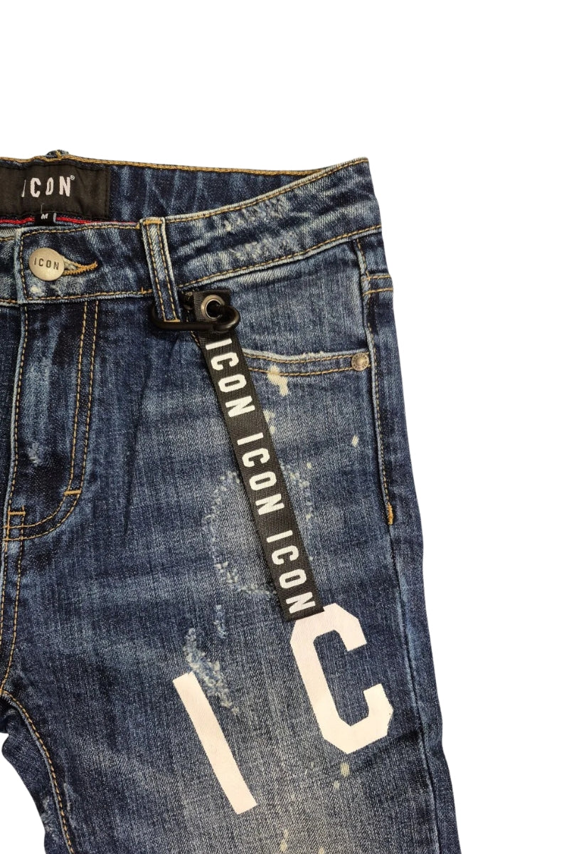Jeans da ragazzo a cinque tasche con strappi e schizzi con logo lettering laterale IBDT00716