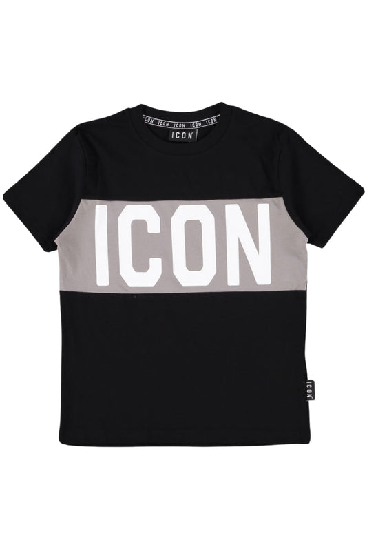 T-shirt girocollo da ragazzo con Inserto con banda con maxi logo lettering a contrasto colore fronte e retro IBKS00743