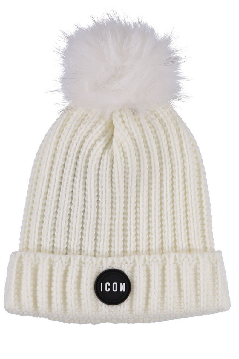 Cappello da ragazza in maglia lavorata a trecce e ponpon in ecopelliccia IGAC00724