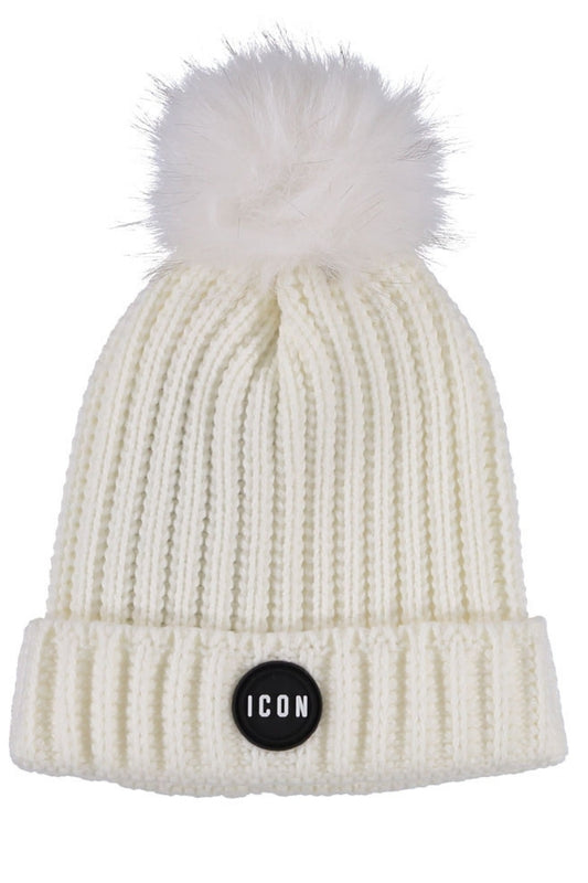 Cappello da ragazza in maglia lavorata a trecce e ponpon in ecopelliccia IGAC00724