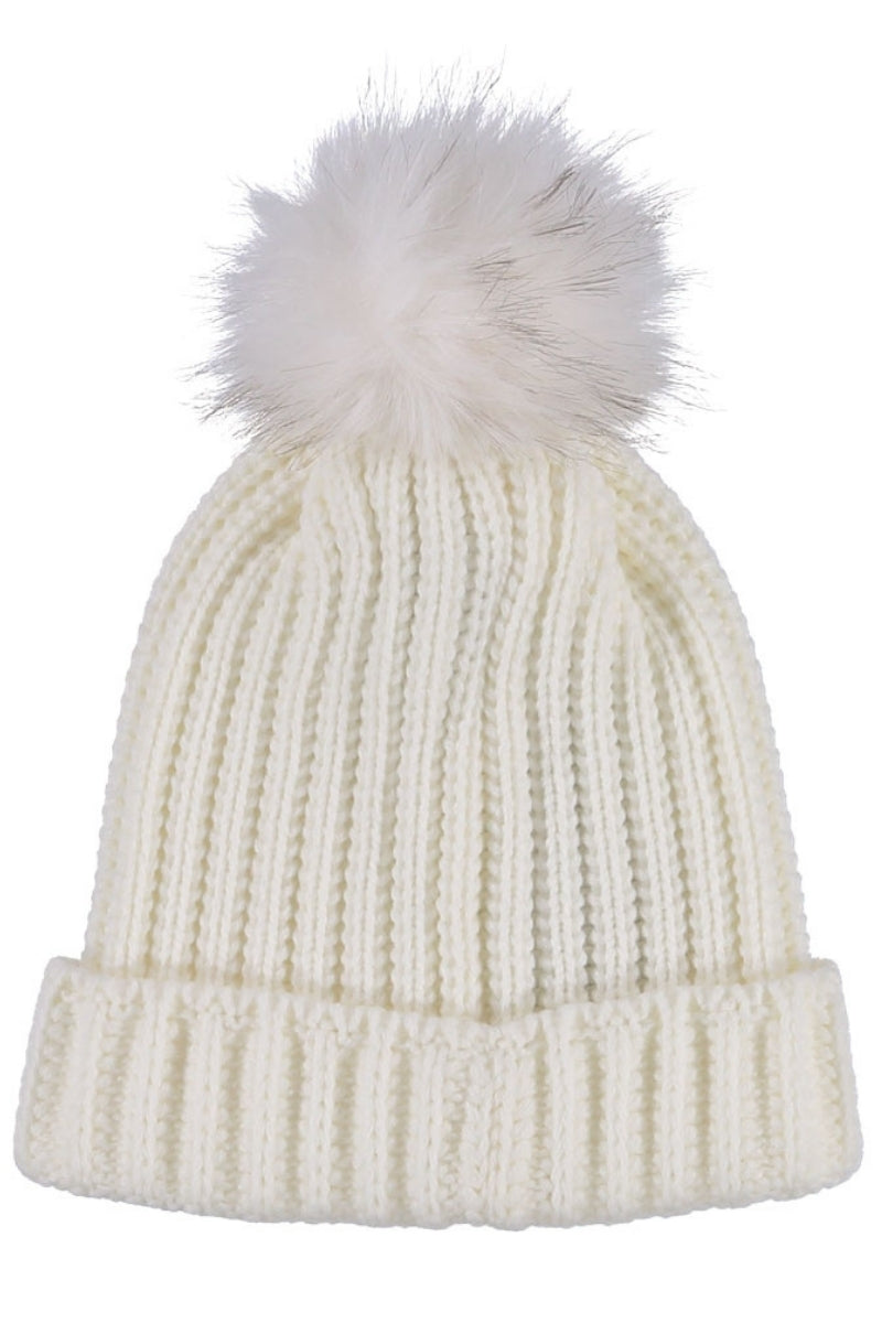 Cappello da ragazza in maglia lavorata a trecce e ponpon in ecopelliccia IGAC00724