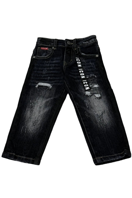 Jeans scuro da bambino a cinque tasche con strappi e striature INBDT00822