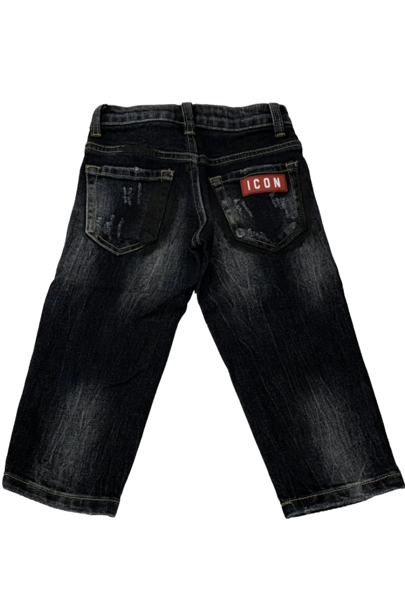 Jeans scuro da bambino a cinque tasche con strappi e striature INBDT00822