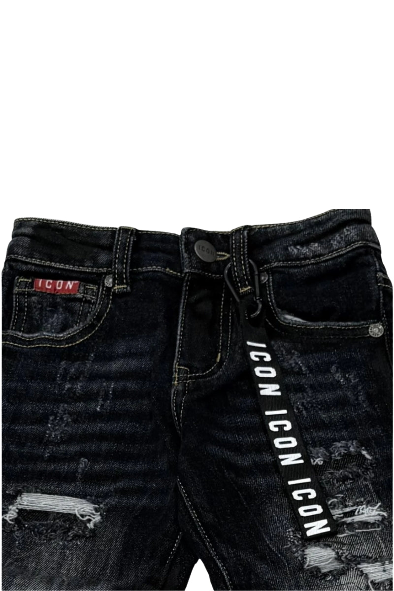 Jeans scuro da bambino a cinque tasche con strappi e striature INBDT00822